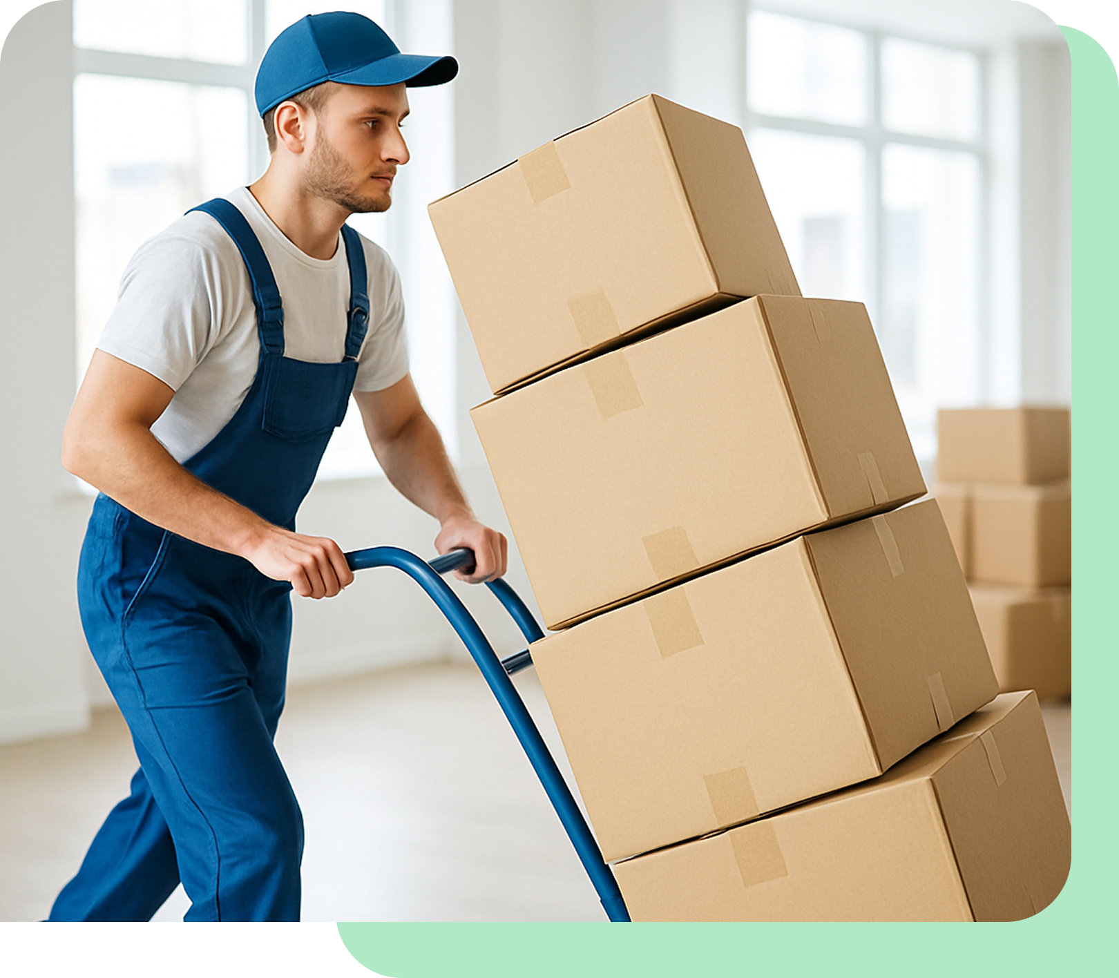Professional mover with stack of boxes